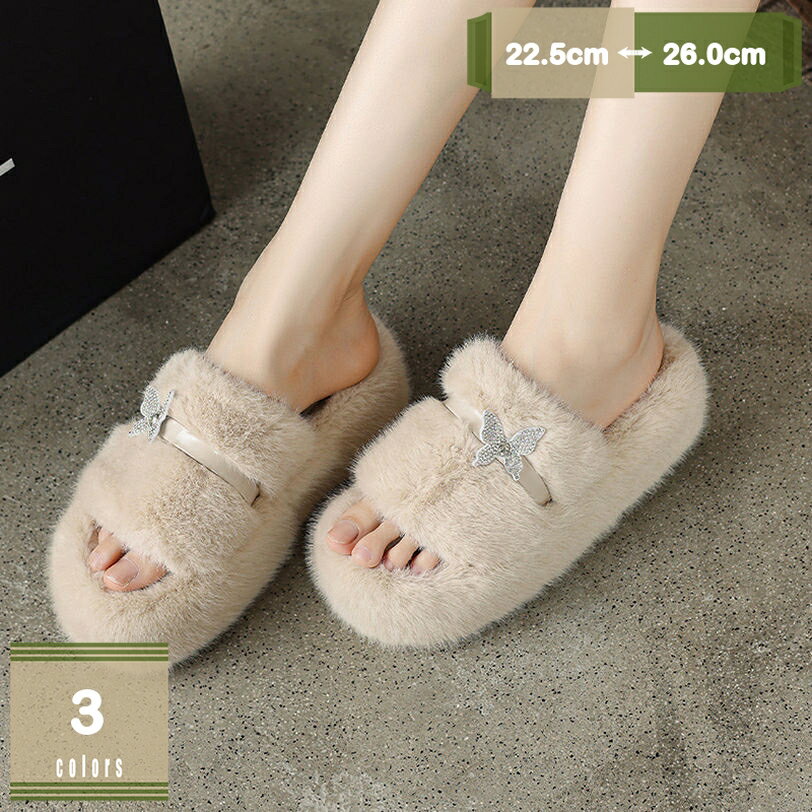 777円OFFクーポン もこもこ ファーサンダル 厚底 ファーサボ レディース ウェッジヒール 美脚 つっかけ 室内 履き替え 低反発 軽量 歩きやすい オープントゥ 秋冬 ファーシューズ カジュアル ファーミュール ふわふわ フェイクファー 暖か mysco