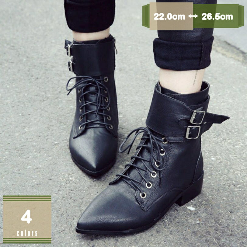 大きいサイズ ブーツ 編み上げ レディース 春秋冬 バックルベルト ショートブーツ ヒール 靴 秋冬 太めヒール 小さいサイズ ブーツ 韓国ファッション ウエスタンブーツ ポインテッド 太いヒール ローヒール 黒 きれいめ mysco