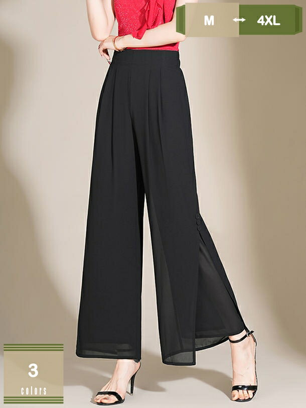 ワイドパンツ レディース ガウチョパンツ 秋 春 夏 大きいサイズ ゆったり ボトムス シフォン 体型カバー ウエストゴム 無地 リラックス 着痩せ 美脚 通勤 上品 きれいめ カジュアル 裏地あり 20代 30代 40代 mysco