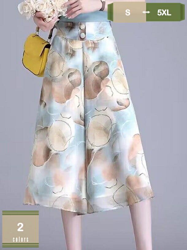 2枚重ね ガウチョパンツ ワイドパンツ シフォン 花柄 7分丈 カジュアル ハイウエスト 春 秋 夏 ゆったり ウエストゴム ヨガパンツ オフィス ボトムス きれいめ 通勤 シンプル 美脚 ズボン 体型カバー mysco