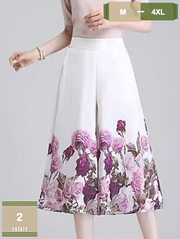 大きいサイズ シフォン ワイドパンツ ガウチョパンツ レディース スカーチョ ボトムス ズボン きれいめ プリーツ シアー 透け感 体型カバー ウエストゴム 着痩せ 七分丈 花柄 カジュアル 可愛い 春 夏 mysco