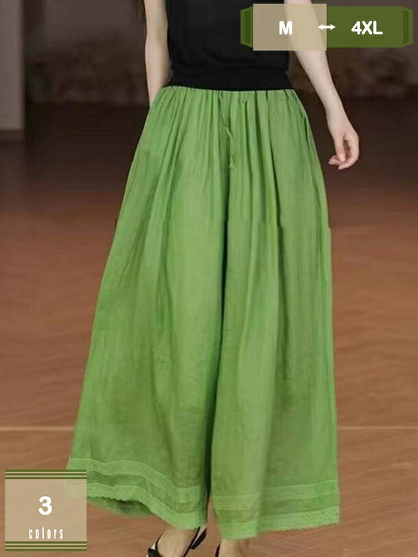 ワイド パンツ ストレート 綿麻 裏地あり リネン ゆったり ポケット 大きいサイズ 春 夏 秋 レディース ウエストゴム 薄手 ロング丈 ガウチョパンツ 着痩せ カジュアル 美脚 長ズボン イージーパンツ 無地 mysco