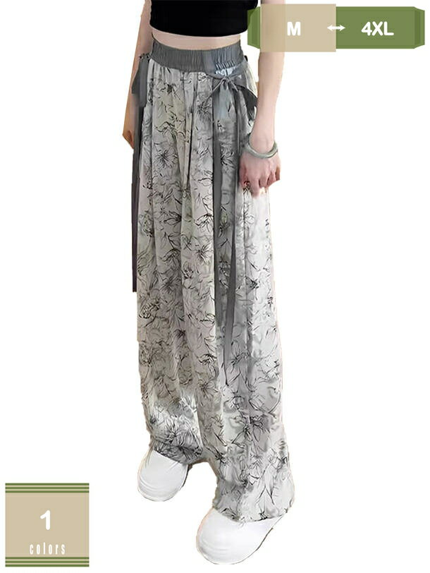 ワイドパンツ 夏 レディース ガウチョパンツ 花柄 シフォン ロング丈 リゾート カジュアル ゆったり エスニック リラックス ビーチ 海 森ガール 爽やか ふんわり 大人 可愛い サマー 薄手 大きいサイズ mysco