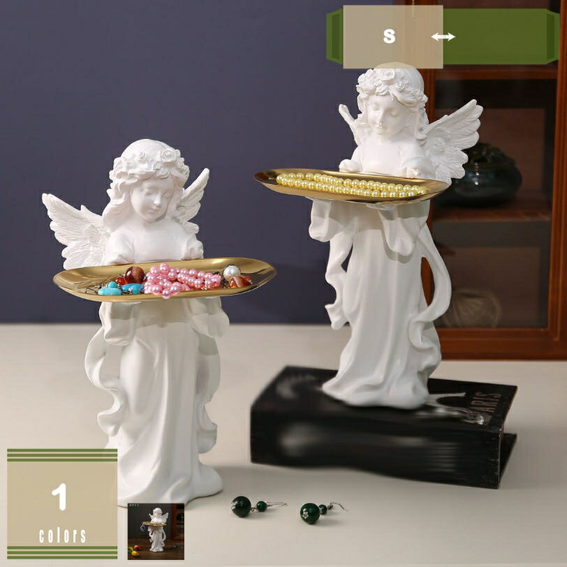 300円OFFクーポン 天使 置物 キー収納トレイ お皿 スタイリッシュ エンゼルオーナメント 合金製の皿付 樹脂製 彫刻装飾 おしゃれ 工芸品 フィギュア 3D ホームデコレーション 実用性が高い 天使 パーティーに最適 皿を捧げるエンジェル mysco