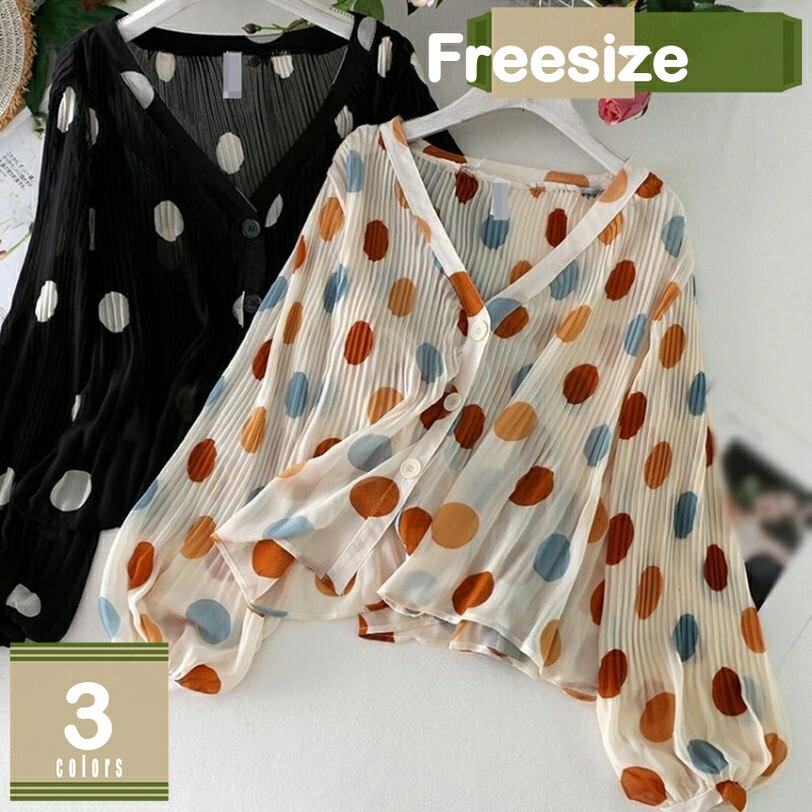 777円OFFクーポン 水玉柄 ボレロ ショート カーディガン レディース 長袖 薄手 パフスリーブ Vネック 透け感 ゆったり アウター 夏 蒸れない 大きいサイズ 体型カバー 日焼け止め サマーコート きれい かわいい トップス リゾート お出かけ mysco