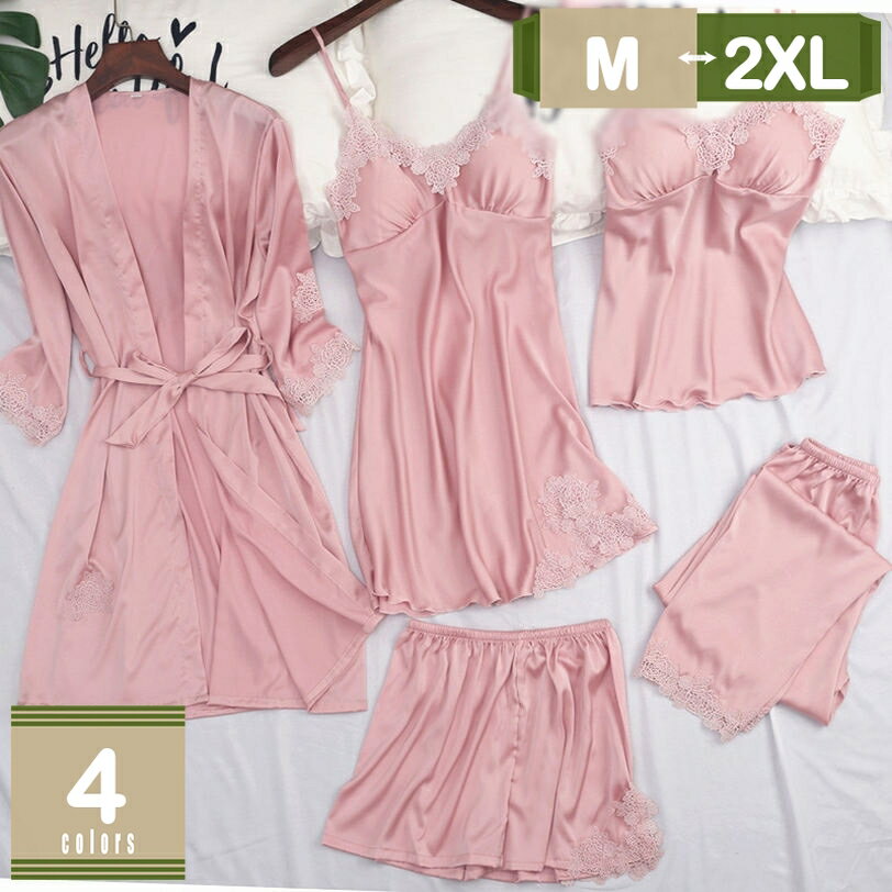 1000円OFFクーポン ルームウェア パット付き 5点セット レディース 春 夏 レディース 無地 レース キャミ パンツ ガウン 5点 ルームウェア パジャマ 上下セットアップ 夜用 部屋着 寝巻き ナイトウェア 室内着 ホームウェア 可愛い 大人 mysco