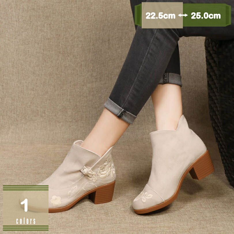 500円OFFクーポン 5cmヒール ブーティ レディース 刺繍 中華風 ショートブーツ チャイナボタン 大きい..