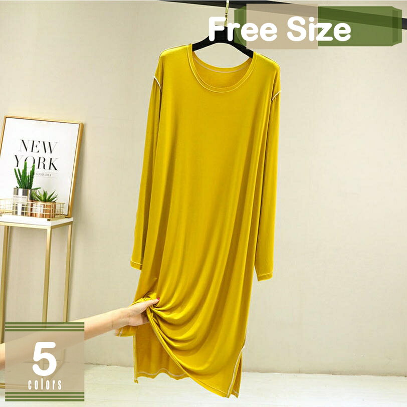 500円OFFクーポン ネグリジェ レディース モダール ピンク 丸首 無地 ゆったり 大きいサイズ 長袖 無印..