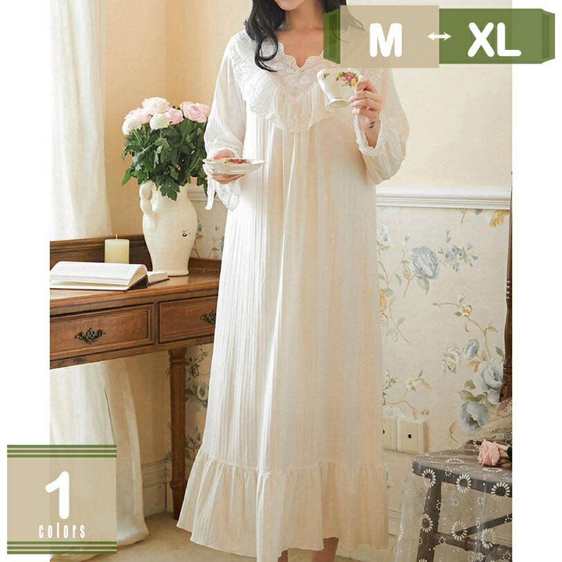 777円OFFクーポン レディース ネグリジェ リボンタイ 春夏 綿 ルームウェア ワンピース 無地 襟なし ロング フリル レース付き 薄手 無印 長袖 レース ホーム お泊り 出張 旅行 可愛い 吸汗 便利服 やわらか ホームウェア ナイトウェア 軽い ゆったり mysco