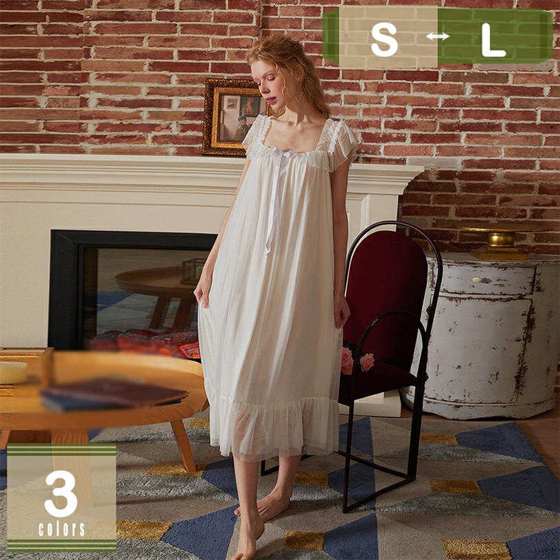 1000円OFFクーポン レディース ルームワンピース ネグリジェ 蝶結び レース フリル 可愛い 姫系 ナイト..