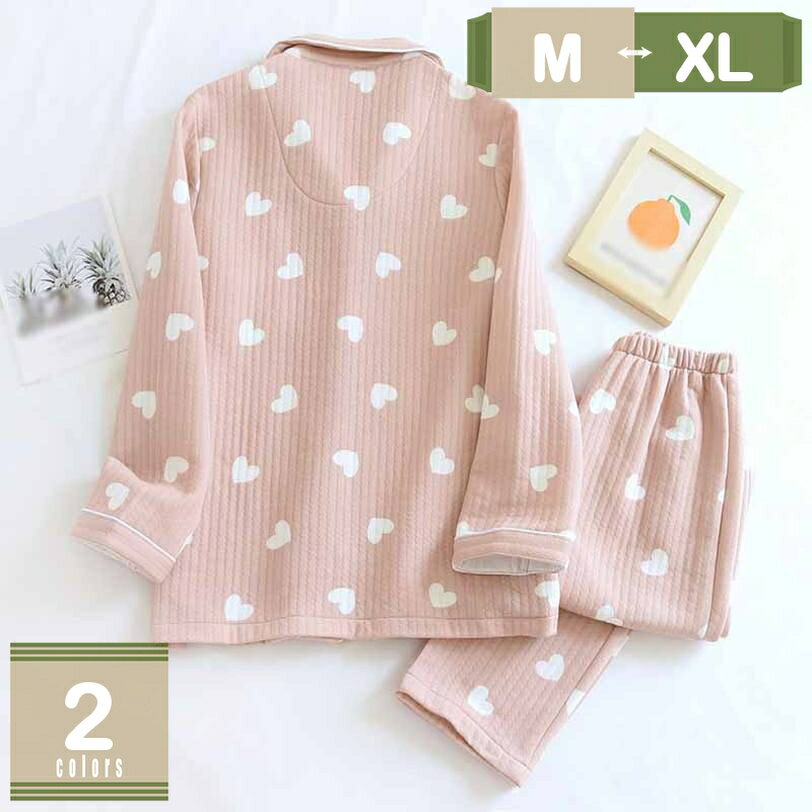 1000円OFFクーポン 心柄 パジャマ レディース 綿100% あったか キルトニット ルームウェア エアコットン 前開き 長袖 長ズボン 上下セット 防寒 冷え対策 コットンパジャマ 部屋着 寢巻き 秋冬用 キルティング 便利服 敏感肌 誕生日 プレゼント mysco