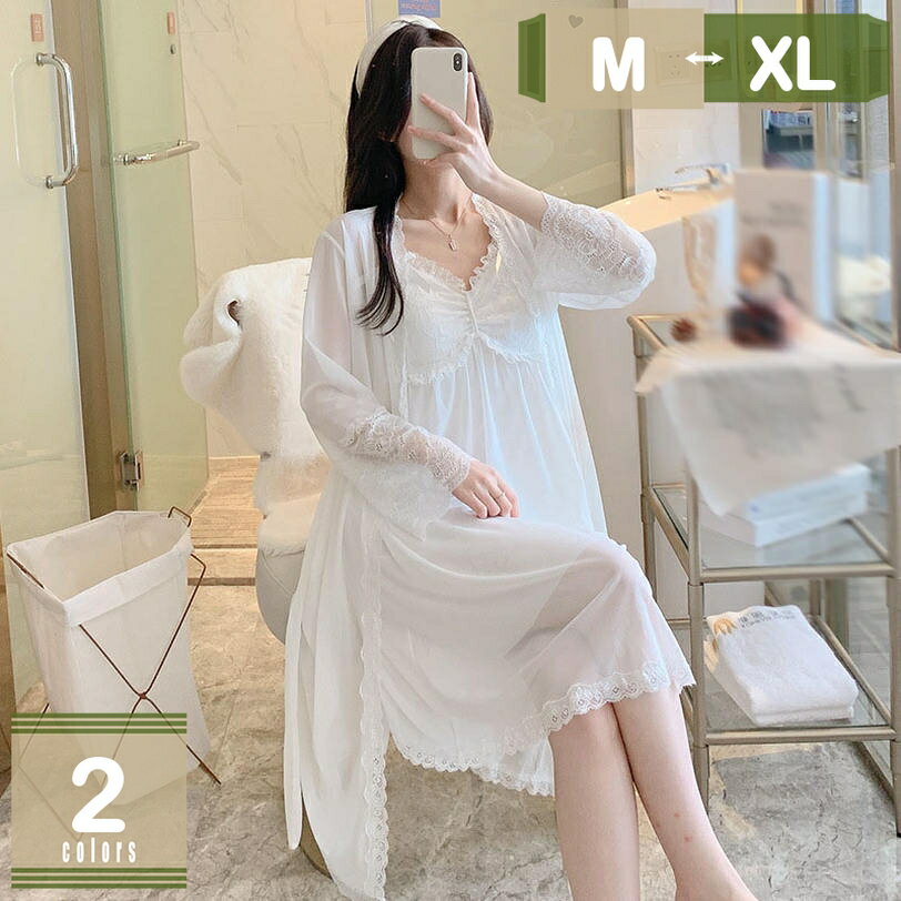 ネグリジェ 2点セット スリップ ガウン レース 長袖 春 夏 秋 セクシー ロング丈 シースルー ルームワ..