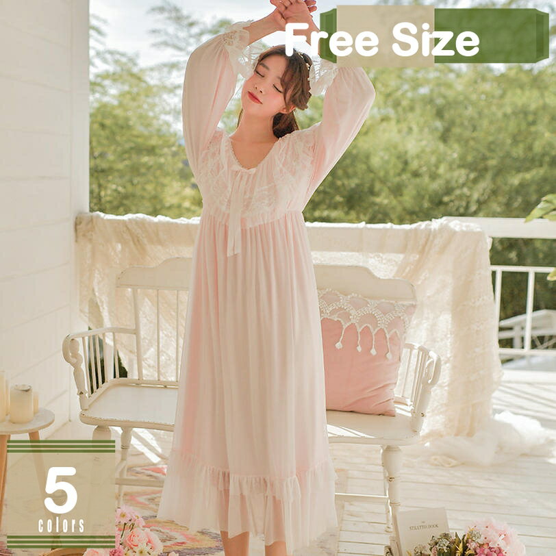 777円OFFクーポン ネグリジェ レディース 長袖 カップ付き リボンタイ 姫系 柔らかい ナイトドレス ル..