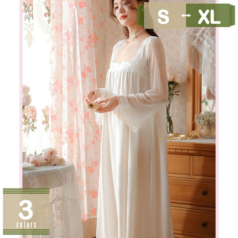ロングネグリジェ レディースワンピースパジャマ 花柄刺繍 ルームウエア ワンピース お姫系ルームウエア ゆったり レース 可愛い部屋着 長袖ナイトドレス 棉 コットン 寝間着 春秋冬可愛いネグリジェドレス mysco