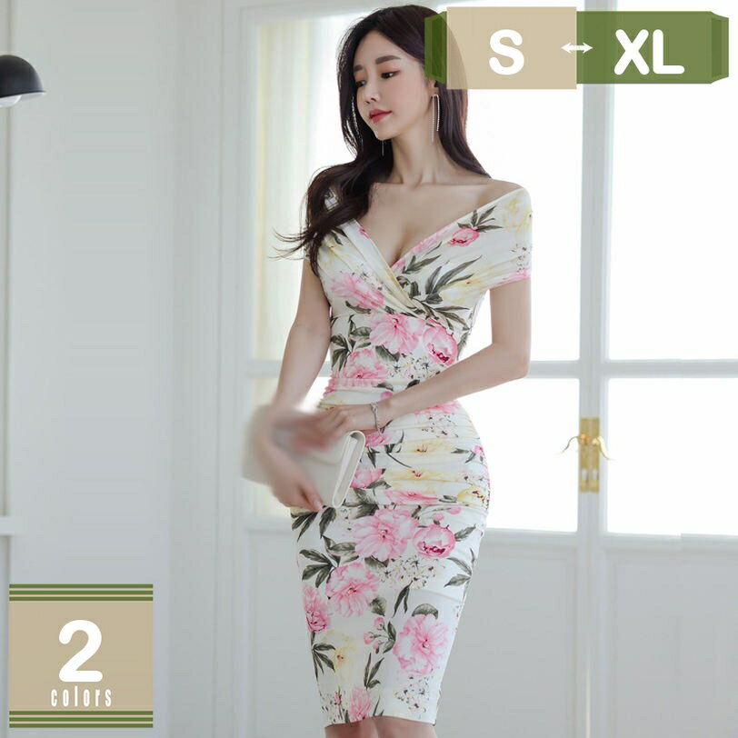 500円OFFクーポン 花柄ワンピース レディース ギャザーワンピース ドレス タイト 膝丈 体型カバー お呼ばれ 結婚式 デート 旅行 ステージ衣装 ボタニカル ワンピース カシュクール クラブドレス Vネック きれいめ ミディアム Aライン おしゃれ mysco