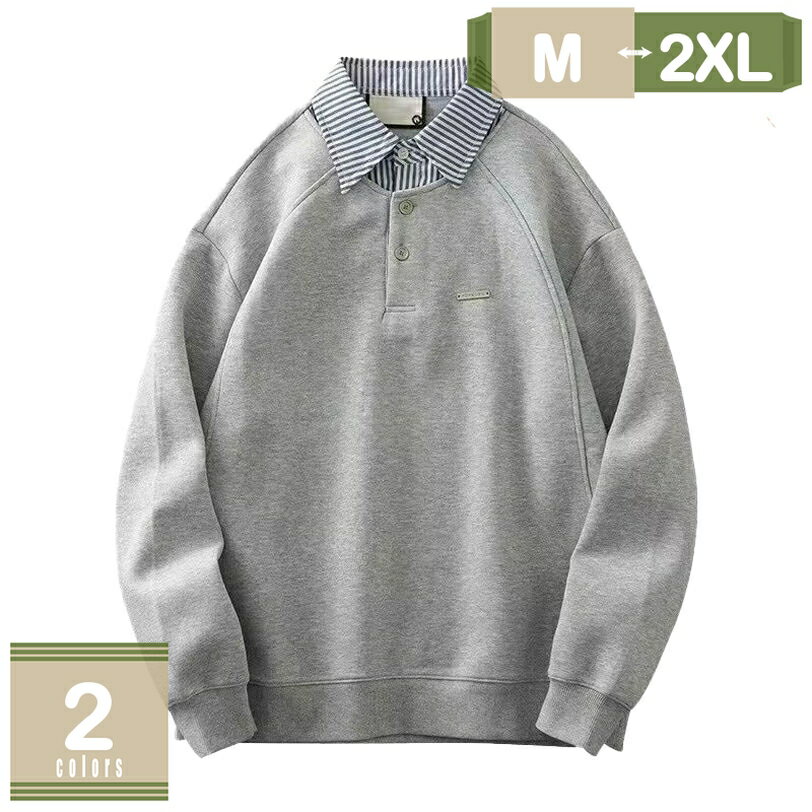 500円OFFクーポン ポロシャツ メンズ 長袖 秋冬 無地 裏起毛 カジュアル おしゃれ 大きいサイズ フェイクレイヤード ストライプ Tシャツ 折り襟 プル...