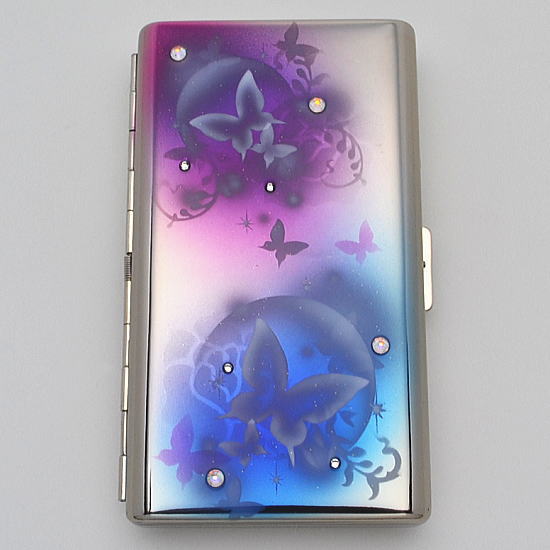 送料無料【エアブラシ】フラワー＆バタフライ01 シガレットケース 100ミリ 14本用 ロング用 煙草ケース..