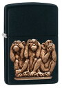 レギュラーziipoにデザイン加工 Three Monkey　見猿聞か猿言わ猿　メタルモンキーデザインです。国内であまり流通していないUSジッポーです。 USカタログ掲載品 ZIPPOケース＆保証書付