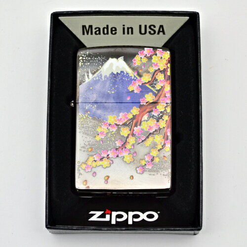 富士山と桜がデザインされた和風アートZIPPO 加工表面処理：ブラックニッケル仕上げ・プリント ZIPPOケース＆保証書付