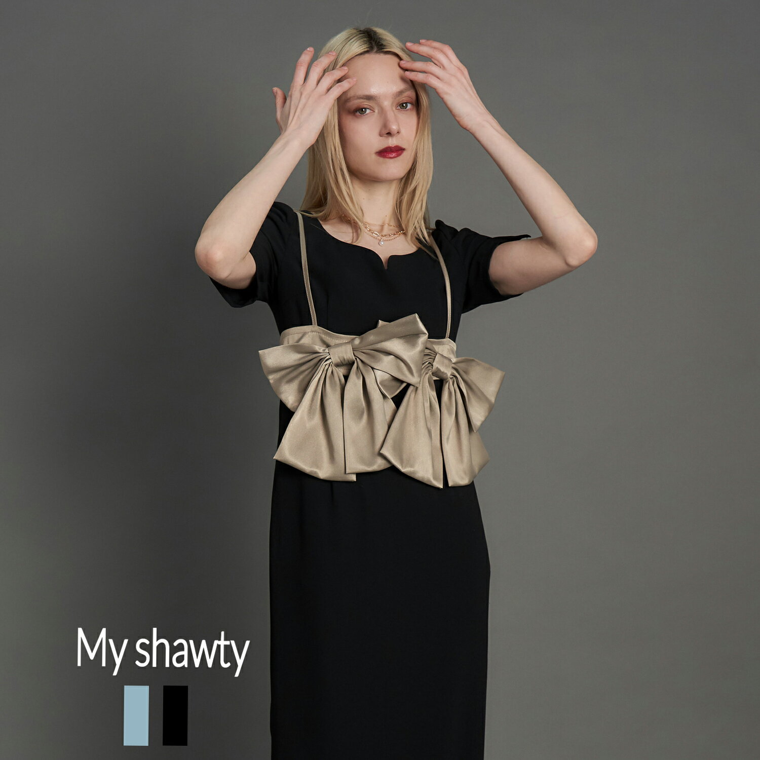big ribon buistier dress リボン ドレス サテン ビスチェ ロング丈 ストレートシルエット