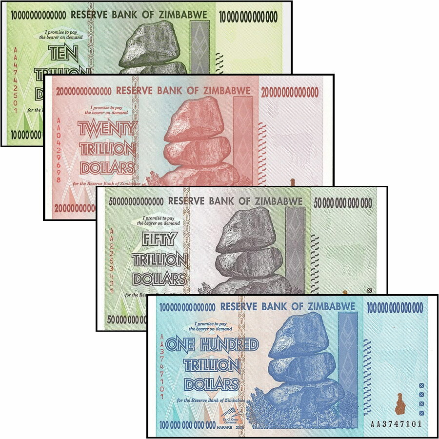 ジンバブエドル紙幣【4種セット】10兆、20兆、50兆、100兆各1枚ずつ 新品 未使用（ハイパーイ ...