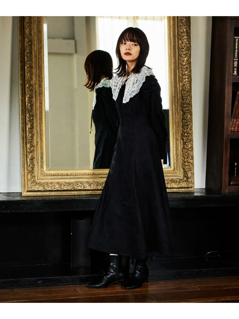 レース襟付き微起毛ワンピース mysty woman ミスティウーマン ワンピース・ドレス ワンピース ベージュ ブラック グレー【先行予約】*【送料無料】[Rakuten Fashion]