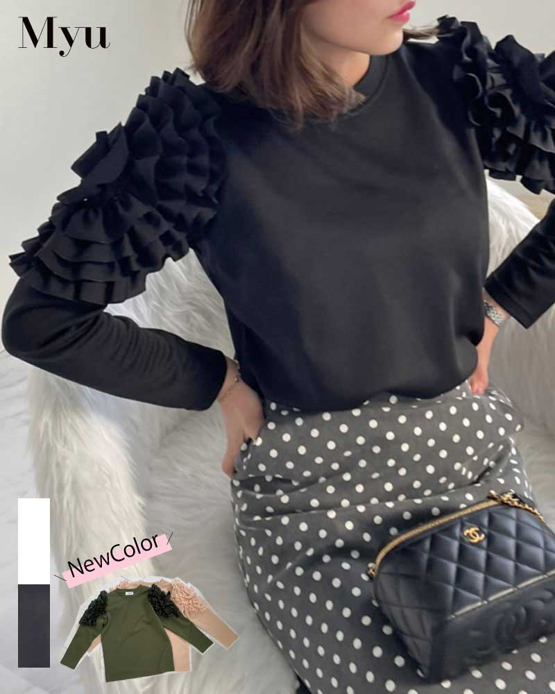 【30%オフクーポン配布中】新色秋カラー登場♪ スーパーストレッチ ♪【 フラワー スリーブ プルオーバー (kbm322)】 トップス フリル ブラック ホワイト カーキ ベージュ 高見え 美ライン 体型カバーレディース myu メール便OK