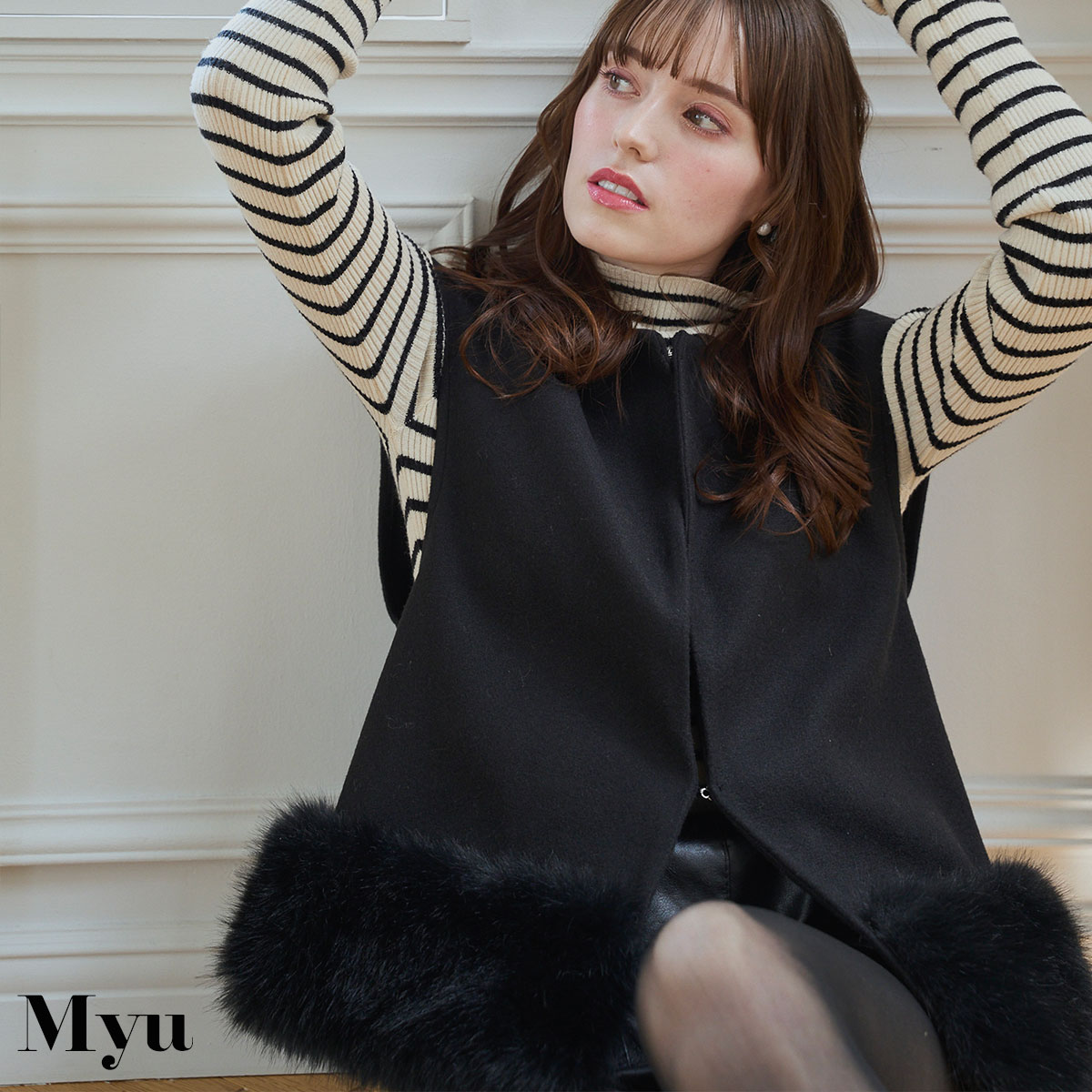 ：5,490円!! 限定クーポンで：【裾ファージレ(aj013)】 レディース myu トップス ブラック 秋 秋服 ミュウ 半袖 高見え 美ライン 楽ちん 体型カバー ミュウ