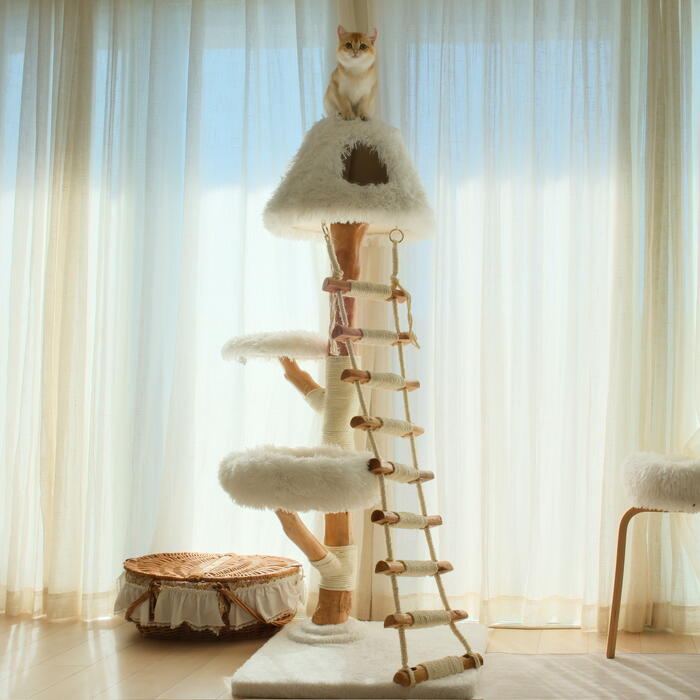 天空の階段をモチーフにしたキャットタワー。 白を基調としたデザインで、暮らしの中にやさしく溶け込みます。 ロープラダーによる立体構造。 上下移動がしやすく、猫の本能的な運動欲求を満たします。 省スペースでも設置しやすい。 限られた空間でも使...