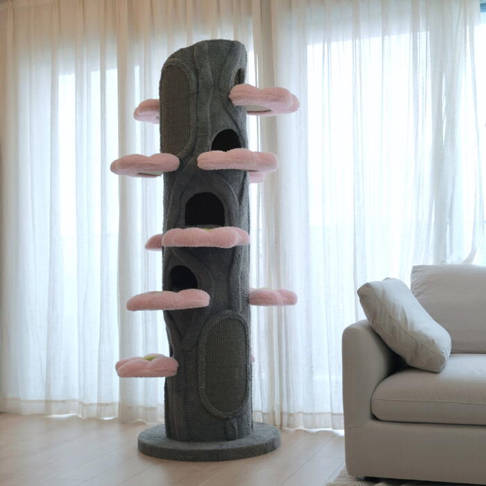 Rakuten - キャットタワー 184cm 据え置き 大型 多頭飼い おしゃれ 花びらステップ 11枚 6つの樹洞 洗えるカバー 爪とぎ付き 安定設計 北欧風 猫タワー 省スペース かわいい 猫ハウス 隠れ家 リバーシブルクッション Sakura Bloom 翌営業日発送可能
