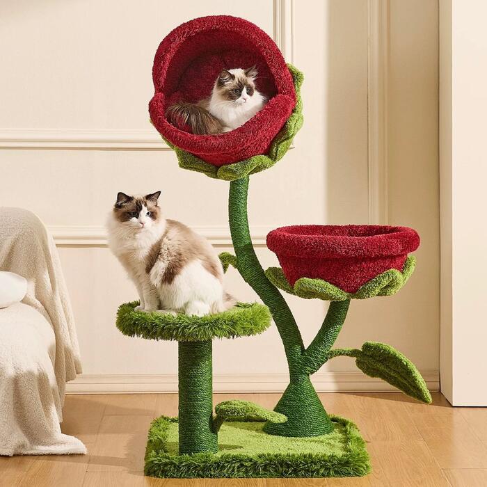 キャットタワー 据え置き 薔薇 ローズハウス 大型猫 多頭飼い おしゃれ 高級 爪とぎ 麻縄 スチールパイプ 安定設計 省スペース 幅60 高さ129cm 猫タワー 花びら ベッド インテリア 全猫種対応 猫用　翌営業日発送可能