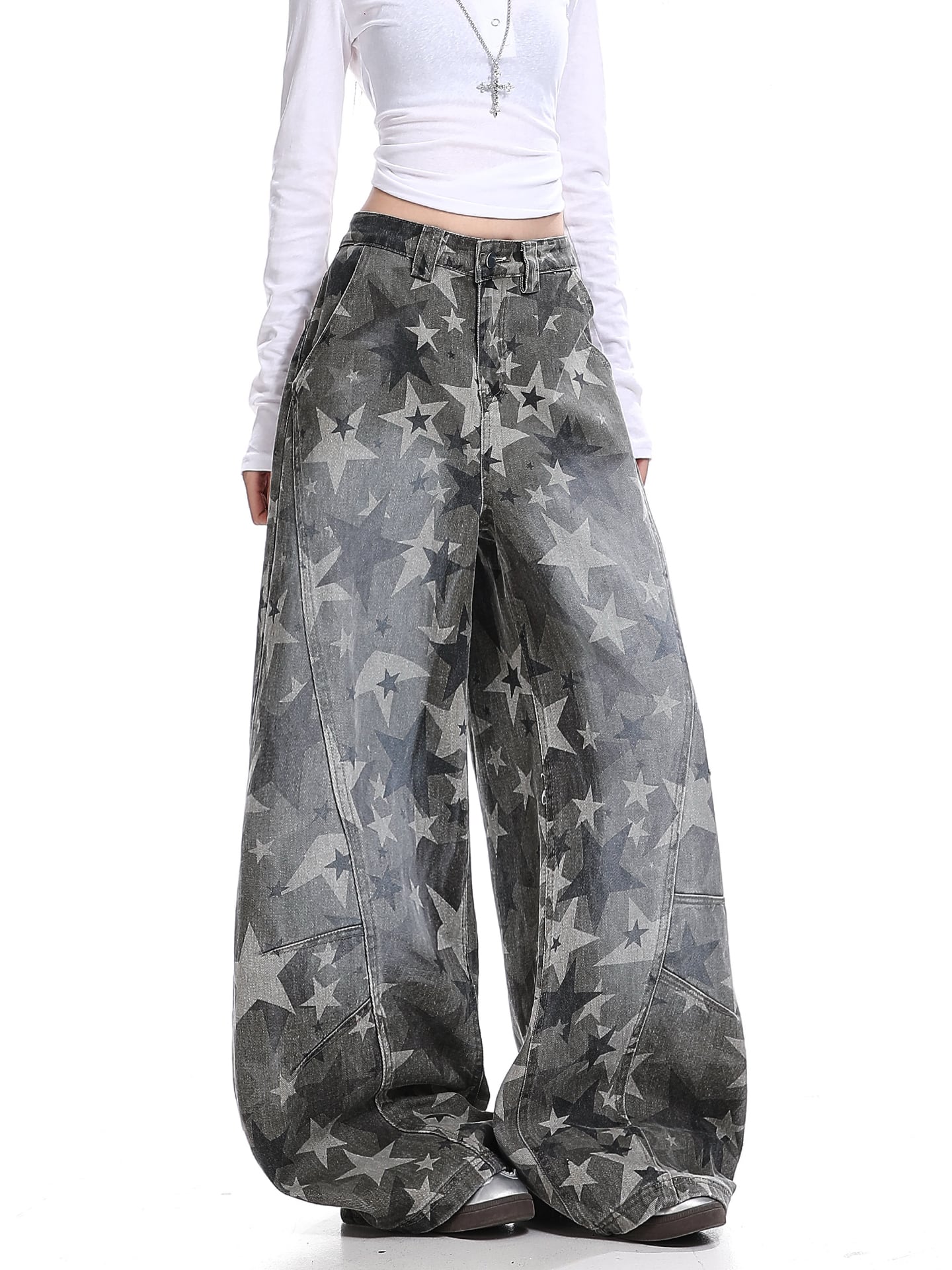 Myurina 星柄デニムバギーパンツ 平成ギャル フェアリーグランジ 体型カバー 大きめサイズ ワイドパンツ ジーンズ カーゴパンツ バルーンパンツ ワークパンツ Y2K 00s 韓国ストリート系 ヴィンテージ