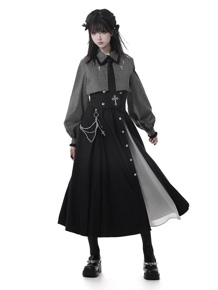 Myurina チェーンベルト付き 袴ロングスカート ゴシック ダークコケット プリーツスカート ダークコア モード系 黒 個性的 地雷系 フレアスカート ハイウエスト サブカル マキシ丈 参戦服 ゴスロリ