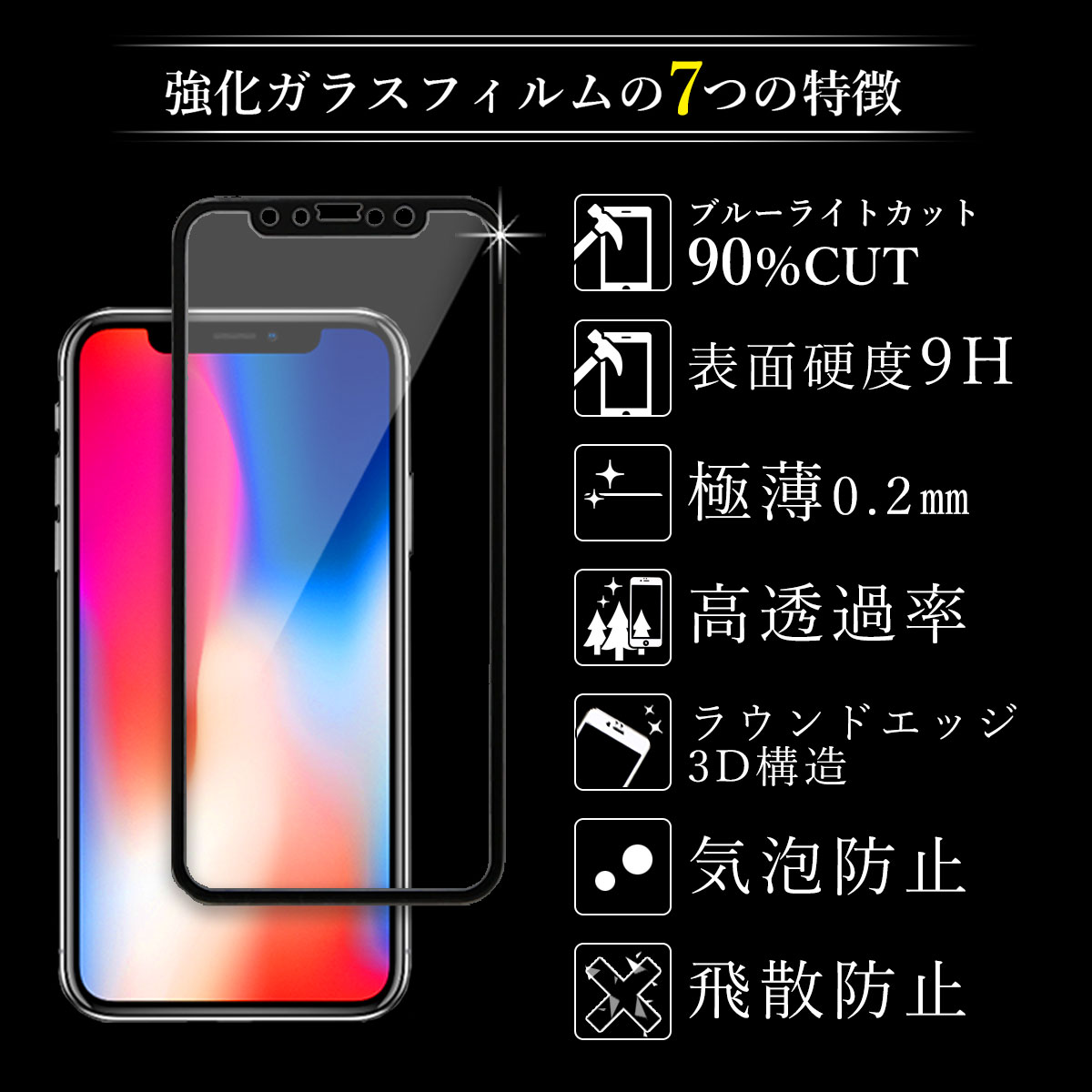 全面保護 3D 9H ブルーライトカット 強化ガラスフィルム iPhone13 iPhone12 mini pro iPhone11 iPhoneXR iPhoneXs Max iPhone8 iPhone7 iPhoneSE iPhonese3 強化ガラスフィルム 傷防止、極薄0.2mm、炭素繊維+9Hガラス アイフォンXR　アイフォン8　アイフォンXs カバー