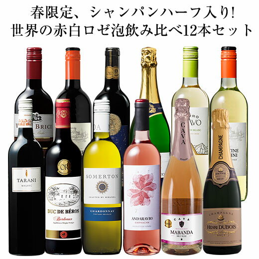 【送料無料】 春限定、シャンパンハーフ入り!世界の赤白ロゼ泡飲み比べ12本セット 赤ワイン 白ワイン ロゼワイン スパークリングワイン シャンパン フルボディ 辛口 ワインセット 【7790506】