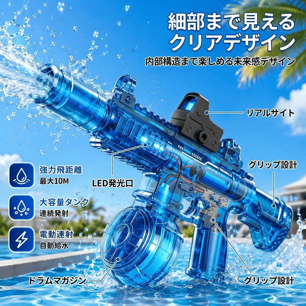 【LEDライト搭載で夜でも楽しめる】 発射時にLEDライトが点灯し、昼間はもちろん夜間の水遊びもさらに盛り上がります。近未来的なデザインで子供たちに大人気です。 ⸻ 【大容量タンク搭載】 大容量タンクを採用し、頻繁な給水が不要。長時間の水遊びが可能で、家族や友人とのウォーターバトルを思い切り楽しめます。 ⸻ 【最大飛距離約8〜10mの強力噴射】 高性能モーター搭載により、力強い水流を実現。遠距離からでもしっかり狙えるため、迫力あるウォーターバトルを体験できます。 ⸻ 【USB充電式・着脱式バッテリー】 USB充電対応で繰り返し使用可能。着脱式バッテリー採用により充電も簡単で、電池交換の手間がありません。 ⸻ 【安心の防水設計】 日常の水遊びに対応した防水仕様。プールや海辺でも安心して使用できます。 ※完全防水ではありません。水中への浸漬はお避けください。【LEDライト搭載で夜でも楽しめる】 発射時にLEDライトが点灯し、昼間はもちろん夜間の水遊びもさらに盛り上がります。近未来的なデザインで子供たちに大人気です。 ⸻ 【大容量タンク搭載】 大容量タンクを採用し、頻繁な給水が不要。長時間の水遊びが可能で、家族や友人とのウォーターバトルを思い切り楽しめます。 ⸻ 【最大飛距離約8〜10mの強力噴射】 高性能モーター搭載により、力強い水流を実現。遠距離からでもしっかり狙えるため、迫力あるウォーターバトルを体験できます。 ⸻ 【USB充電式・着脱式バッテリー】 USB充電対応で繰り返し使用可能。着脱式バッテリー採用により充電も簡単で、電池交換の手間がありません。 ⸻ 【安心の防水設計】 日常の水遊びに対応した防水仕様。プールや海辺でも安心して使用できます。 ※完全防水ではありません。水中への浸漬はお避けください。 【出荷前検査について】 本製品は出荷前に全数、水漏れ・密封性テストを実施しております。そのため、まれに本体内部に少量の水滴が残っている場合がございますが、検査工程によるものであり新品です。中古品ではございませんので、安心してご使用ください。