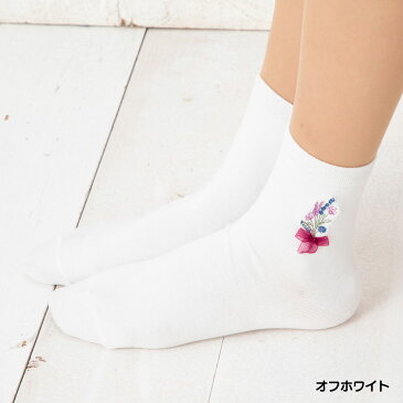 【Cathy】リボン付き 花束刺繍 ロークルーソックス (23-25cm)(ブラック 黒・オフホワイト 白) 靴下 レディース キャシー