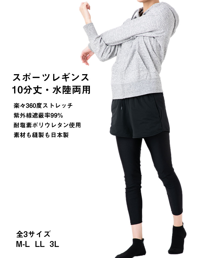スポーツレギンス 10分丈 ブラック 黒 (UVカット率99% UPF50+)(Mから3Lまで全3サイズ)(らくらくストレッチ素材)(日本製)(メール便送料無料) レディース スパッツ ts-967