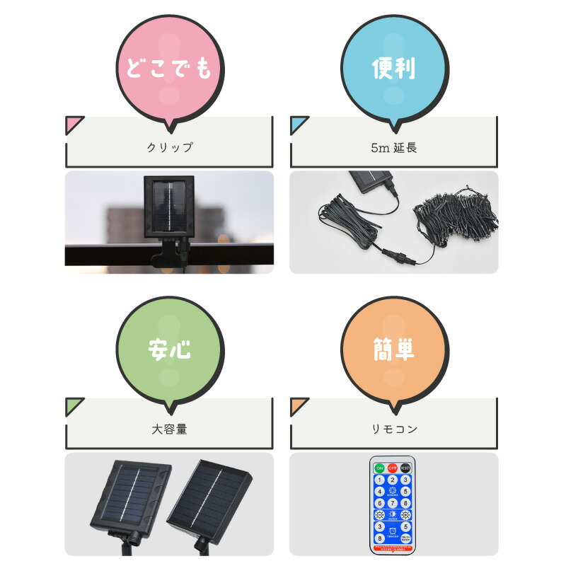 イルミネーションライト パーツ 屋外 室内 防水 ソーラー USB 充電式 ソーラーパネル リモコン 延長配線 クリップ ガーデンライト インテリア おしゃれ クリスマスツリー 自動点灯 コンセント不要 2