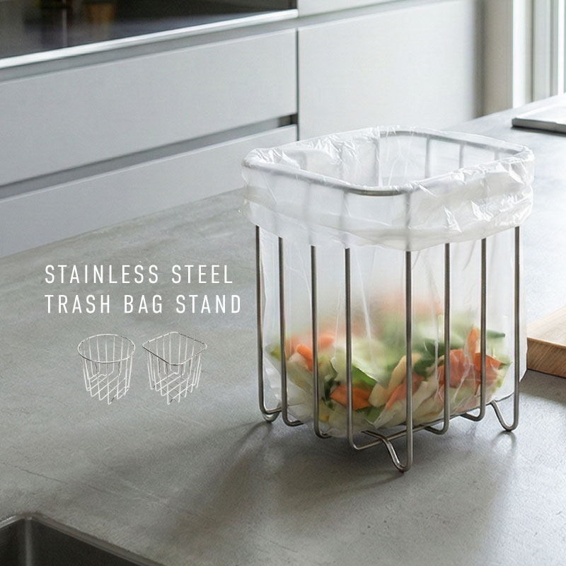 三角コーナー ステンレス ゴミ受け キッチン 自立 二重底 水切りネッ 水切り袋 おしゃれ 小さめ 小さい ワイヤー ホルダー ラック 卓上ゴミ箱 ポリ袋ラック 蓋なし 生ごみ入れ ダストボックス ゴミ袋スタンド