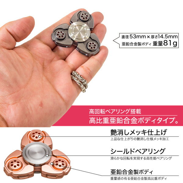 ハンドスピナー アルミ製 3枚羽 指スピナー フィジェット 高速 回転 選べる4色 シルバー ゴールド コッパー ブラック メタルボディ 艶消しメッキ スピン 指遊び 指ゴマ コマ おもちゃ 玩具 癒し 集中 対応