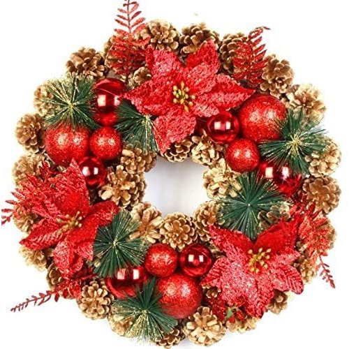 クリスマスリース クリース リスマス花輪 40cm ガーランド レッドの花 ドア 玄関 庭園 壁飾り デラックスリース かわいい お祝い 部屋飾り