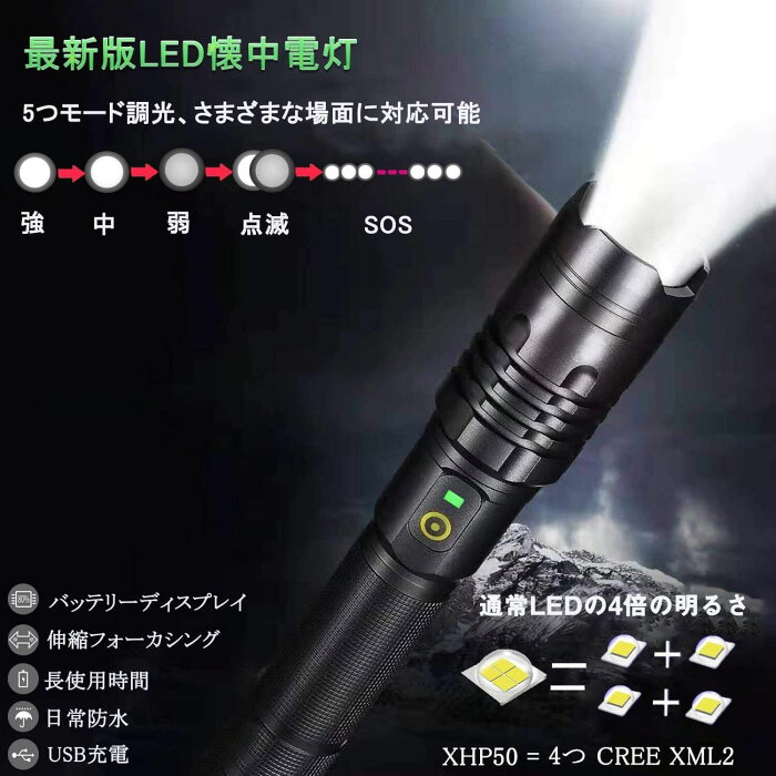 最新版 懐中電灯 led CREE XHP50 超高輝度 3500ルーメン ズーム式 充電式 強力 軍用 最強 自転車 ライト 防水 防災 停電対策 モバイルバッテリ 18650 チウム電池が適用 軽量 小型 5モード調光 アルミニウム合金材料