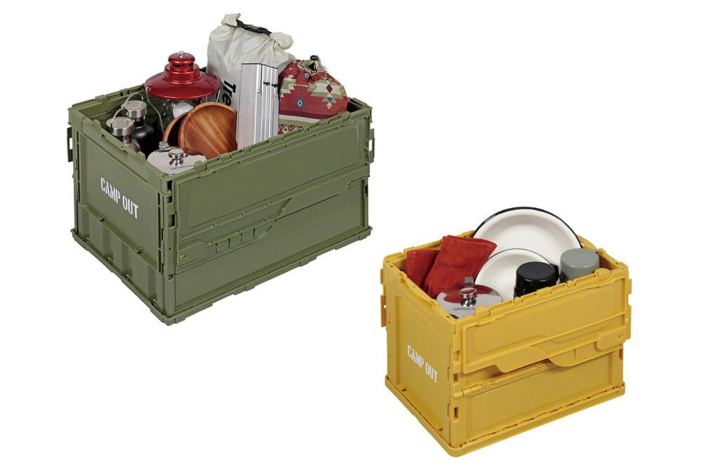 商品説明商品名キャンプアウト FDコンテナ詳細小物をまとめて収納可能な、コンテナボックス。折り畳み式なので、使用しない場合はスペースを取ることもありません。【オールドイエロー 20L】製品サイズ(約)：幅365×奥行265×高さ285mm収納サイズ(約)：幅365×奥行265×厚さ85mm有効内寸(約)：335×231×258mm重量(約)：1.3kg容量(約)：20L材質（品質）：ポリプロピレン耐荷重：15kg、積み重ね可能(3段まで)原産国：日本カラー：オールドイエロー《オリーブ 50L》製品サイズ(約)：幅530×奥行365×高さ335mm収納サイズ(約)：幅530×奥行365×厚さ75mm有効内寸(約)：493×335×311mm重量(約)：2.4kg容量(約)：51.3L材質（品質）：ポリプロピレン耐荷重：15kg、積み重ね可能(3段まで)原産国：日本カラー：オリーブ注意事項撮影に使用している小物は付属しておりません。※商品の仕様は予告なく変更する場合がございます。納期・配送納期は、約1週間になります。※商品によりお届けまで時間のかかる場合があります。※お急ぎの場合はご注文前にお問い合わせください。