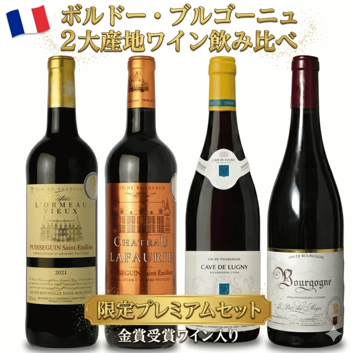 【送料無料】 ワインセット 赤ワイン 4本 金賞受賞入り ボルドー ＆ ブルゴーニュ 2大産地 飲み比べ 750ml×4本 フランスワイ...