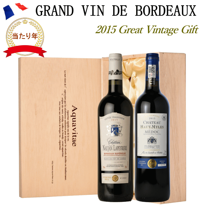 【木箱入り】フランスボルドー 当たり年 2015 ワイン ギフト 赤 2本 セット ワインセット 贈答用 お歳暮 送料無料 プレゼント お祝い 赤ワイン お中元 誕生日 敬老の日【ワインの説明書入り】