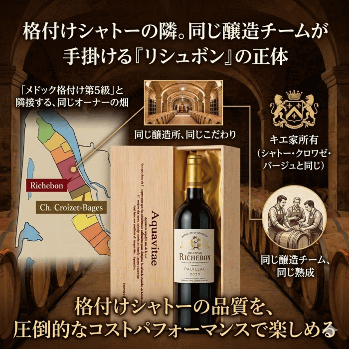 ACポイヤック 　シャトー・リシュボン [2020] 750ml 赤ワイン 【木箱入り】フルボディ フランス ボルドー シャトー クロワゼ バージュ お中元 ギフト プレゼント お祝い 贈答 父の日 母の日 敬老の日 記念日 ワイン 赤 父の日ギフトpw mzt-10052619 ワインショップアクアヴィタエ サンプル画像3