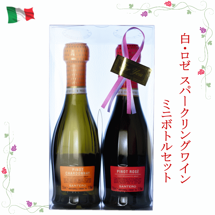 楽天デイリーワインのアクアヴィタエミニボトル2本セット ピノ 200ml スパークリング 白・ロゼ ワイン 母の日 カーネーション ギフト プレゼント 誕生日 お祝い イタリア 花 おしゃれ ミニボトル 送料無料 結婚式 二次会 おもたせ お土産 ホームパーティ 春