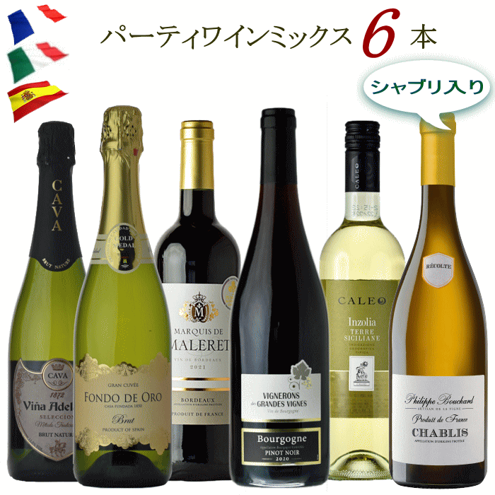 パーティワイン ミックス 6本 セット 赤 白 泡 ワイン 送料無料 フランス イタリア スペイン ワインセット 詰め合わせ