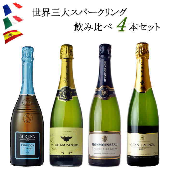 世界三大スパークリングワイン 4本 セット 辛口 750ml ワインセット 送料無料 飲み比べ 泡 フランス イタリア スペイン 福袋 クリスマス 記念日 パーティ